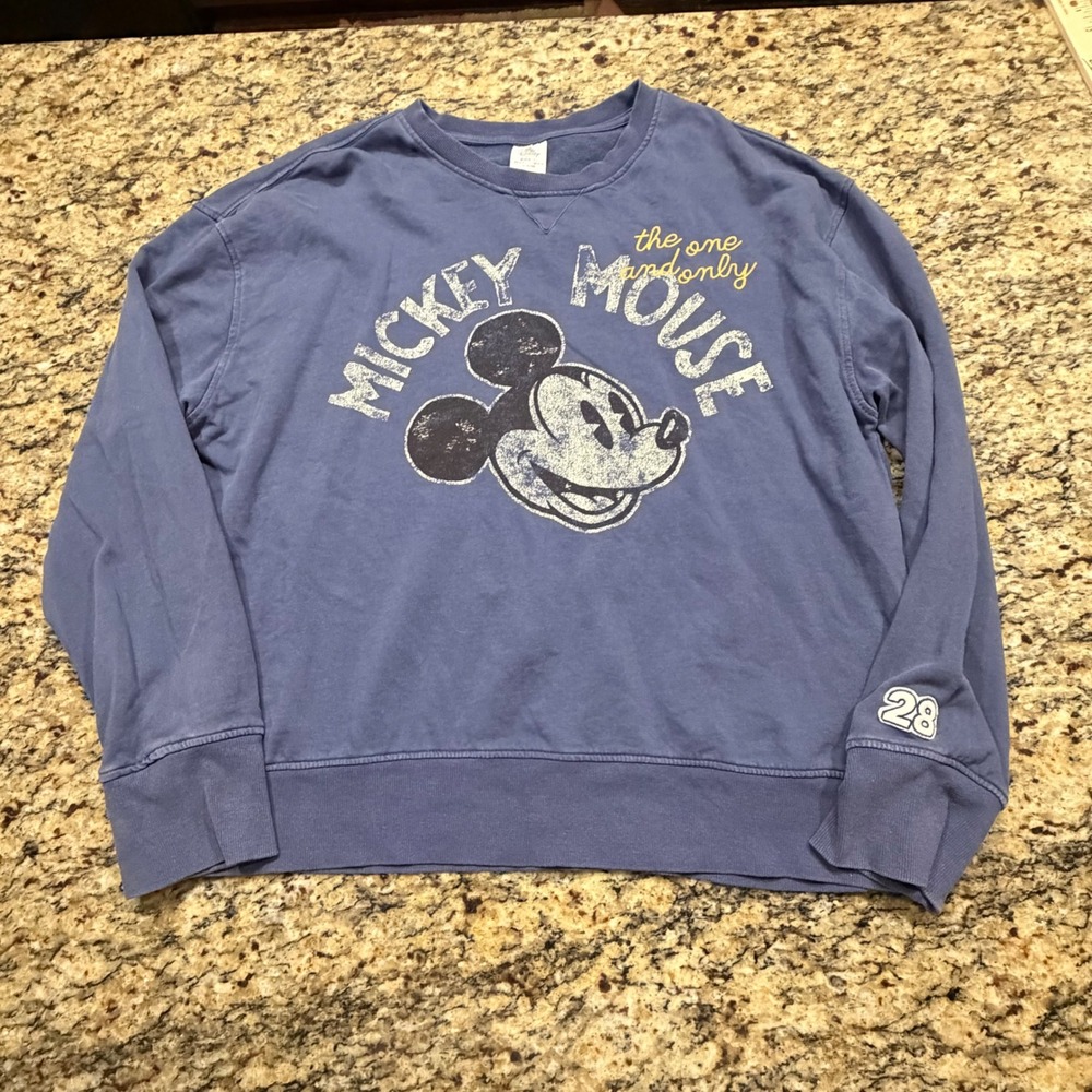 Disney Mickey Mouse Blue Graphic Sweatshirt Women L Distressed 28 Sleeve ws